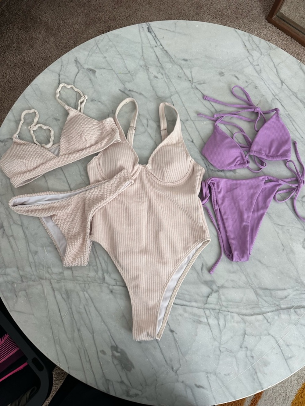 SHEIN Beige Ribbed One-Piece & Lavender Triangle Bikini Set